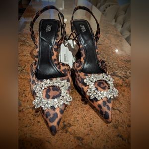 Zara Embellished Heels Slingback Shoes. Size 7 1/2. Animal Print. NWT